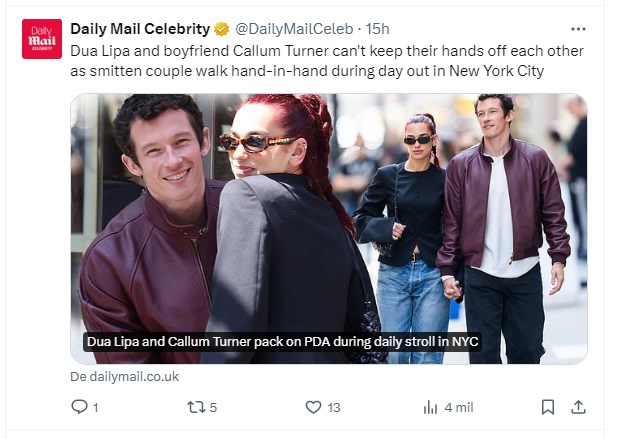 Dua Lipa y Callum Turner volvieron a ser fotografiados, y mostraron que están muy enamorados / Captura twitter.com/DailyMailCeleb
