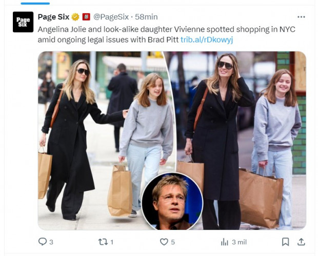 Angelina Jolie, fotografiada junto a su hija Vivienne tras presentar nuevas acusaciones por abuso físico contra Brad Pitt / Captura twitter.com/PageSix