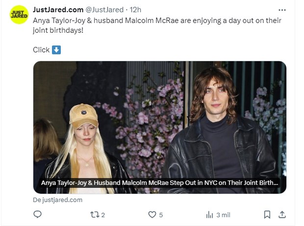 Anya Taylor Joy fue fotografiada en salida junto a su marido, con un detalle que sorprendió a todos / Captura twitter.com/JustJared