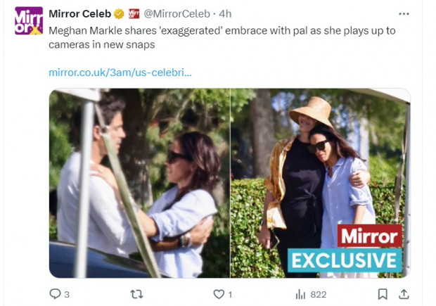 Meghan Markle fue fotografiada abrazando a sus amigos en pleno rodaje, pero fue duramente criticada por medios ingleses / twitter.com/MirrorCeleb