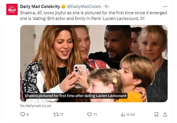 Shakira, fotografiada en medio de rumores de romance con actor de "Emily en París": sus amigos creen que "se quiere aprovechar" de ella / Captura twitter.com/DailyMailCeleb