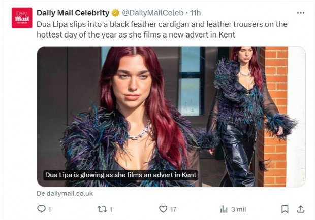 Dua Lipa encantó con original look para rodar una publicidad / Captura twitter.com/DailyMailCeleb