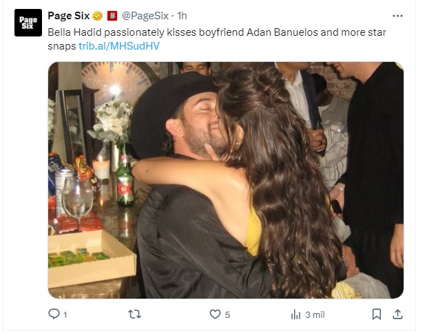 Bella Hadid, fotografiada en íntimo momento con su novio, un cowboy en la vida real / Captura twitter.com/PageSix