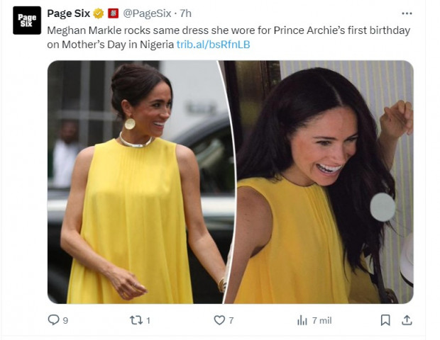 Meghan Markle, fotografiada con el msimo vestido que usó para el primer cumpleaños de su hijo Archie / Captura twitter.com/PageSix