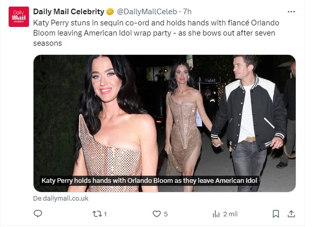 Katy Perry deslumbró con la tenida que eligió para despedida de "American Idol" / Captura twitter.com/DailyMailCeleb