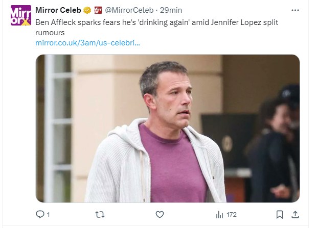 Ben Affleck, fotografiado en medio de delicado rumor relacionado a la bebida / Captura twitter.com/MirrorCeleb