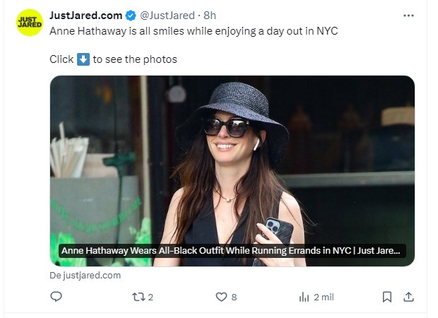 Anne Hathaway, enfundada en una tenida para protegerse de las altas temperaturas / Captura twitter.com/JustJared
