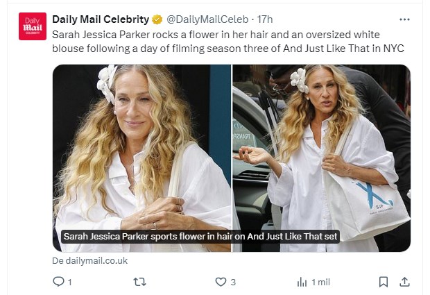 Sarah Jessica Parker sorprende con su look en rodaje de tercera temporada de "And Just Like That..." / Captura twitter.com/DailyMailCeleb