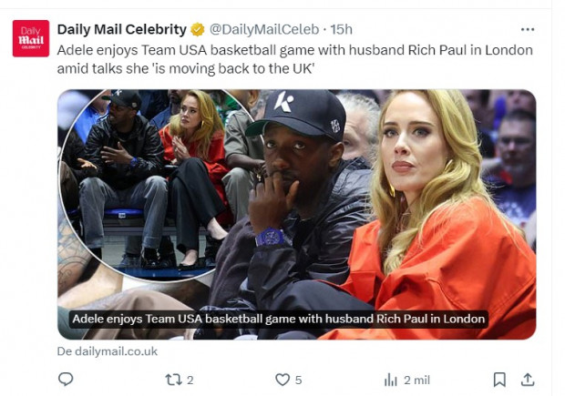 Adele, fotografiada junto a su pareja tras hacer drástico anuncio sobre su carrera / Captura x.com/DailyMailCeleb