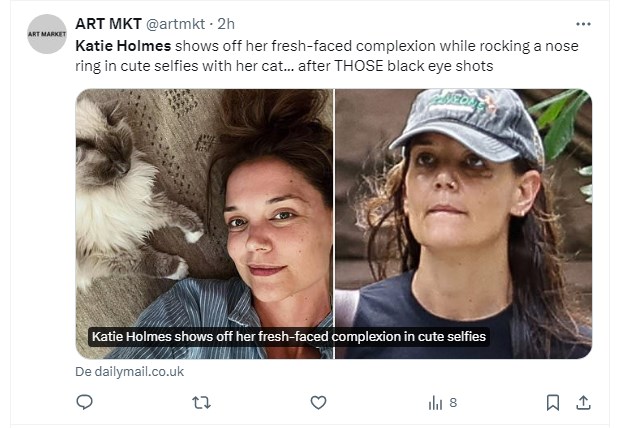 Katie Holmes sorprendió al ser captada con un ojo morado; luego, como si nada, compartió imágenes sin maquillaje / Captura x.com/artmkt