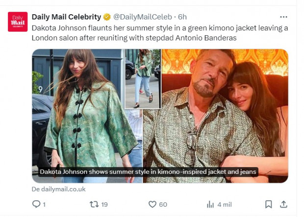 Dakota Johnson, fotografiada con una original tenida para el verano / Captura x.com/DailyMailCeleb