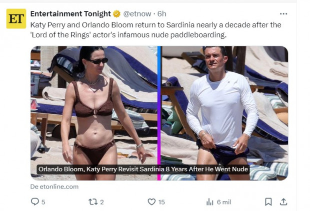 Ocho años después de protagonizar un gran bochorno, Katy Perry y Orlando Bloom volvieron a ser fotografiados en la isla de Cerdeña / Captura x.com/etnow