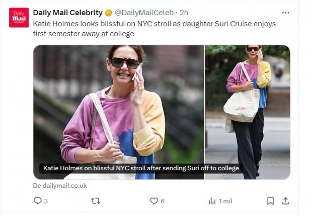 Katie Holmes reaparece ante los paparazzis con el look más simple posible / Captura x.com/DailyMailCeleb