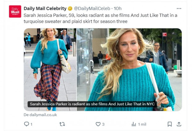 Sarah Jessica Parker fue captada en rodaje de "And Just Like That" y se la vio radiante a sus 59 años / Captura x.com/DailyMailCeleb