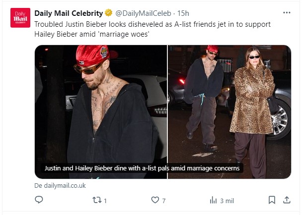 Justin Bieber, muy desprolijo; así se vio al cantante junto a Hailey, en medio de rumores de crisis / Captura x.com/DailyMailCeleb
