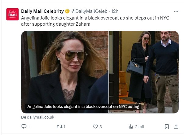 Angelina Jolie sorprende con sofisticado y lujoso look en Nueva York / Captura x.com/DailyMailCeleb