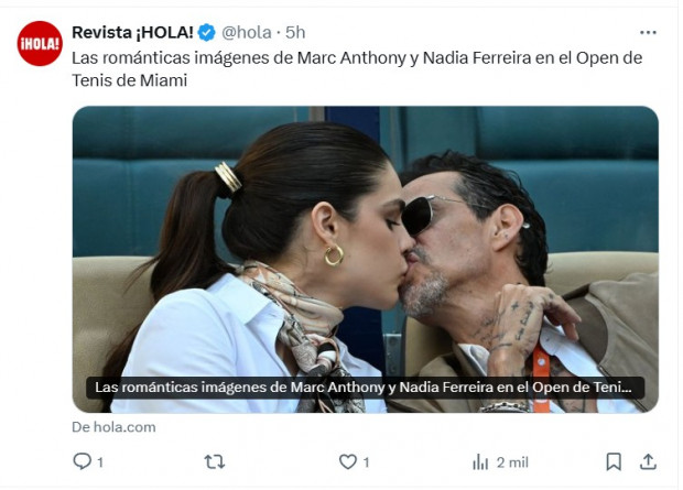 Marc Anthony, a puro beso con Nadia Ferreira en el Miami Open de tenis / Captura x.com/hola
