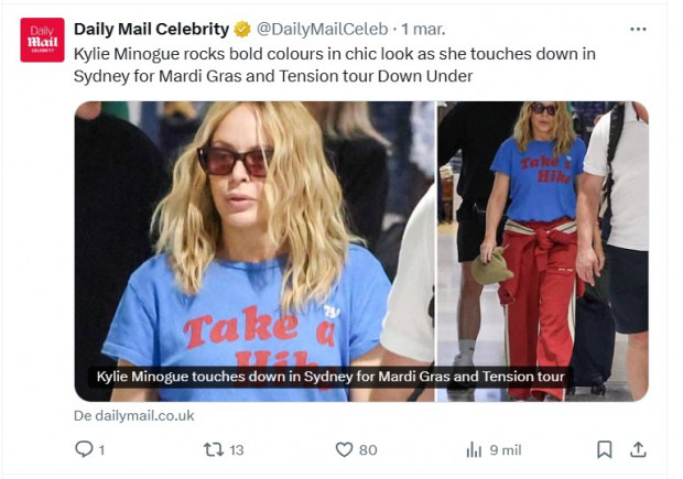 Kylie Minogue, fotografiada con el estilo más simple posible y sin una gota de maquillaje / Captura x.com/DailyMailCeleb