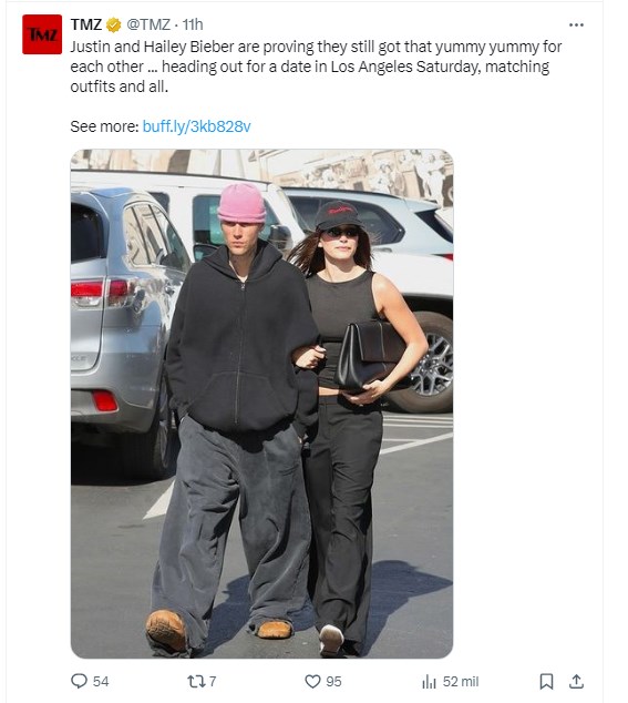 Justin y Hailey Bieber son fotografiados juntos, y un detalle de la modelo llamó la atención a los paparazzis / Captura x.com/TMZ