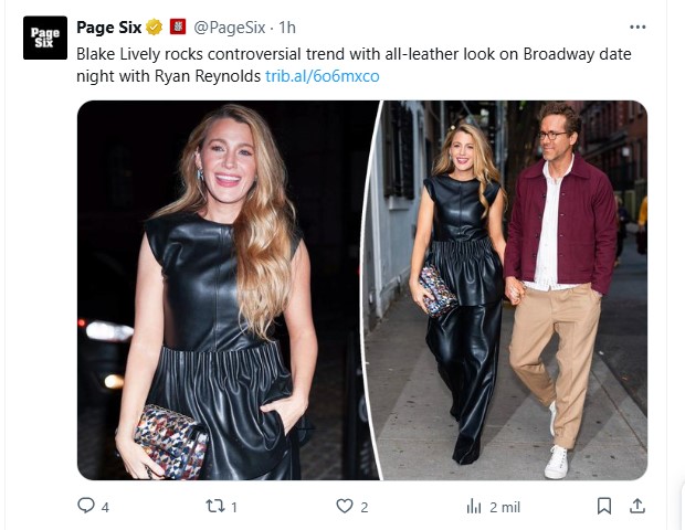 Blake Lively fue fotografiada en Nueva York junto a Ryan Reynolds, y no dejó a nadie indiferente con su look / Captura x.com/PageSix