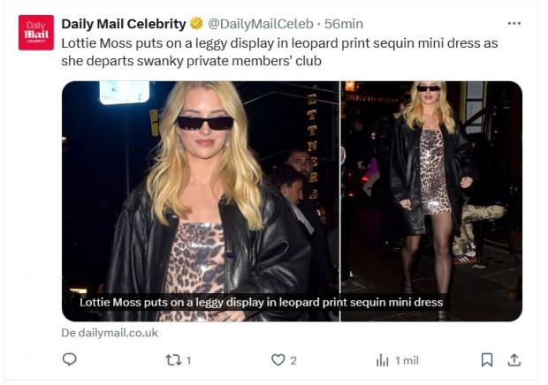 Lottie Moss sorprendió al ser fotografiada con un minivestido "leopard print" / Captura x.com/DailyMailCeleb