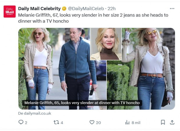 Melanie Griffith es fotografiada en Los Ángeles e impacta por su envidiable estado físico a sus 62 años / Captura x.com/DailyMailCeleb
