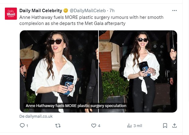 Anne Hathaway fue fotografiada con un aspecto "demasiado" juvenil: ¿se hizo retoques en su rostro? / Captura x.com/DailyMailCeleb
