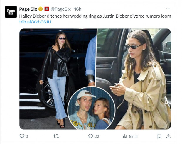 Hailey Bieber, fotografiada sin su anillo de bodas; ¿se separa de Justin? / Captura x.com/PageSix