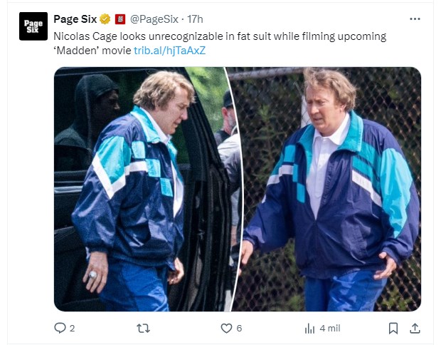 Nicolas Cage volvió a sorprender con su aspecto en rodaje de su nueva cinta / Captura x.com/PageSix