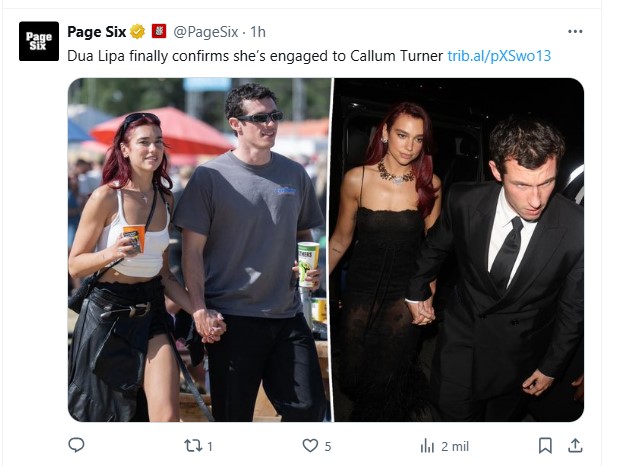 Dua Lipa, nuevamente fotografiada con Callum Turner, tras confirmar una feliz noticia en la pareja / Captura x.com/PageSix