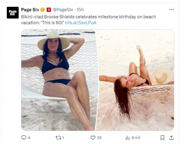 Brooke Shields, radiante a sus 60 años: así se la vio en sus vacaciones en la playa / Captura x.com/PageSix