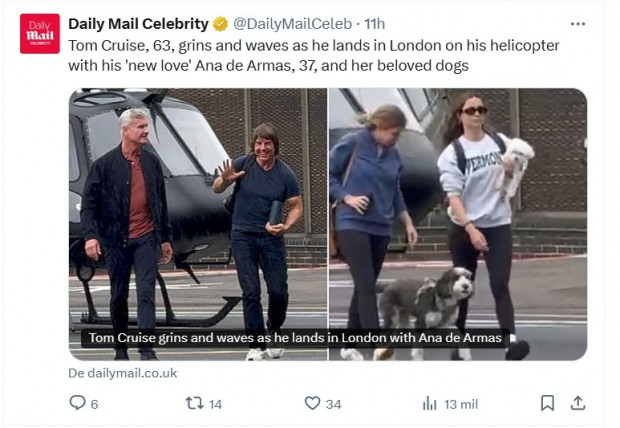 Tom Cruise y Ana de Armas, inseparables: ambos fueron captados nuevamente por los paparazzis / Captura x.com/DailyMailCeleb