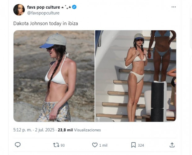 Tras la dolorosa ruptura de Chris Martin, Dakota Johnson se relajó en las playas de Ibiza / Captura x.com/favspopculture