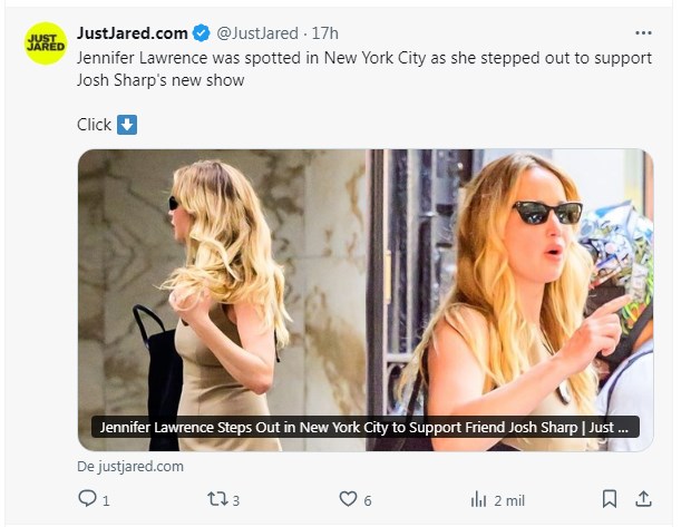 Jennifer Lawrence impacta con look entre sofisticado e informal / Captura x.com/JustJared