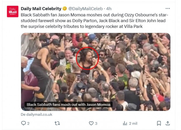 Jason Momoa fue identificado entre los seguidores de Black Sabbath que fueron a despedir a Ozzy Osbourne / Captura x.com/DailyMailCeleb