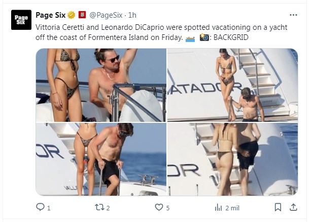Leonardo DiCaprio y Vittoria Ceretti se relajaron a bordo de un yate, días después de que el actor la pasó muy mal en Ibiza / Captura x.com/PageSix