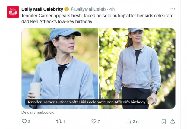 Jennifer Garner, fotografiada en Los Ángeles con el estilo más simple posible / Captura x.com/DailyMailCeleb