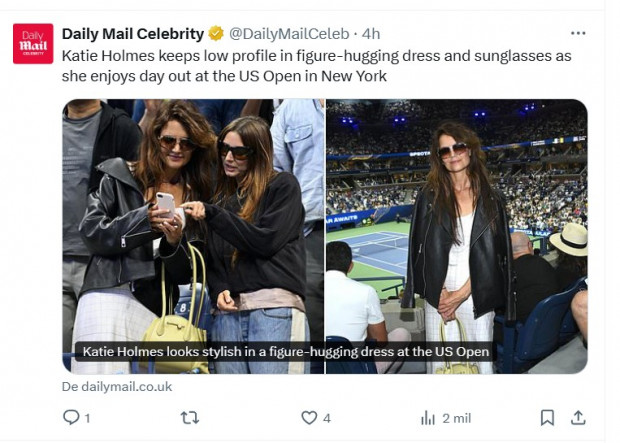 Katie Holmes volvió a ser fotografiada después de mucho tiempo y sorprendió con su look / Captura x.com/DailyMailCeleb