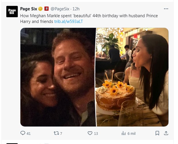 Por una vez, Meghan Markle pudo sonreír; críticas que recibió no le impidieron mostrarse feliz en su cumpleaños / Captura x.com/PageSix
