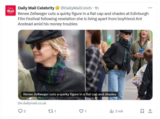 Renée Zellweger, captada por primera vez desde que se separó de Ant Anstead / Captura x.com/DailyMailCeleb