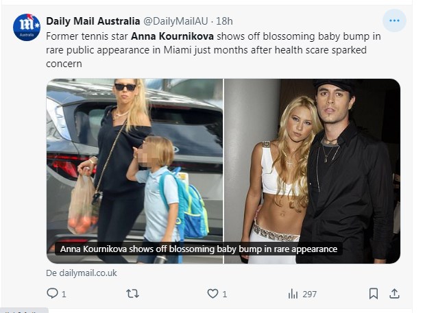 Anna Kournikova es fotografiada en Miami y sorprende con lo avanzado de su embarazo / Captura x.com/DailyMailAU