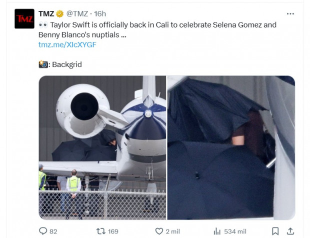 Taylor Swift llegó a la boda de Selena Gomez escocndia debajo de paraguas, pero igualmente fue captada por paparazzis / Captura x.com/TMZ
