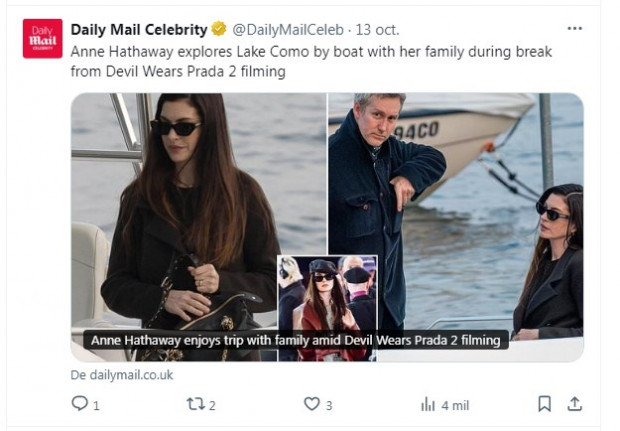 Anne Hathaway, relajada junto a su familia en el receso del rodaje de "El Diablo Viste a la Moda 2" / Captura x.com/DailyMailCeleb