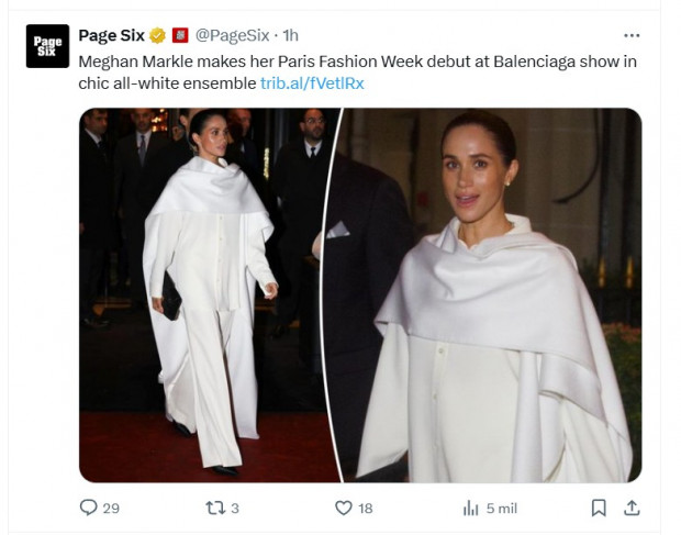 Meghan Markle sorprendió a todos con su look en la Paris Fashion Week / Captura x.com/PageSix