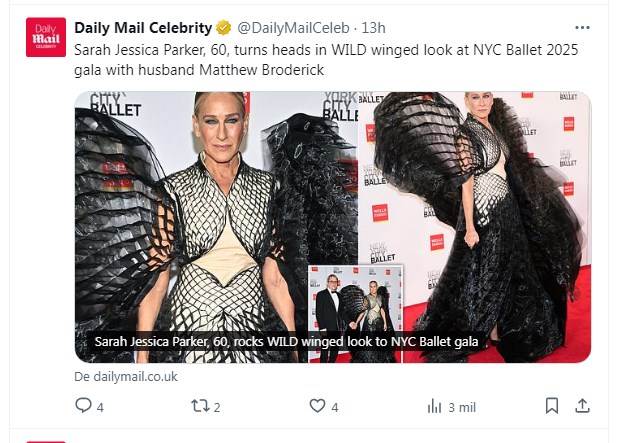 Sarah Jessica Parker sorprendió con este look en un evento del ballet de Nueva York / Captura x.com/DailyMailCeleb