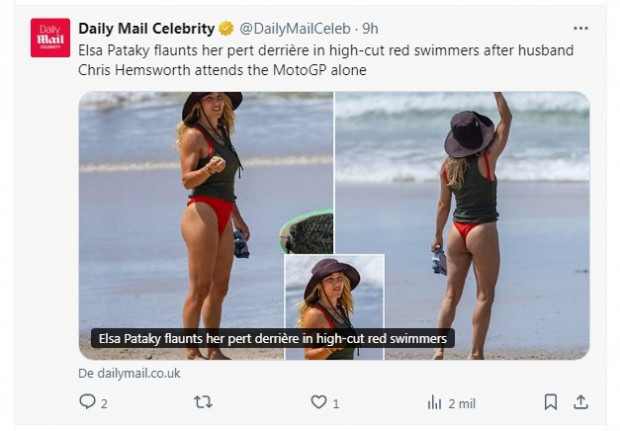 Elsa Pataky, fotografiada en la playa mientras Chris Hemsworth disfrutaba del Moto GP / Captura x.com/DailyMailCeleb