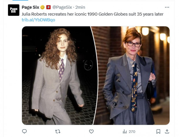 Julia Robets recreó icónico look que llevó en los Globo de Oro 1990 / Captura x.com/PageSix