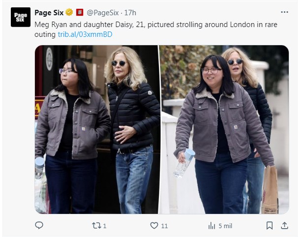 Meg Ryan, fotografiada junto a su hija con un estilo simple y juvenil / Captura x.com/PageSix