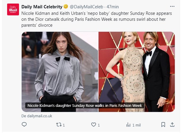 Sunday Rose, hija de Nicole Kidman y Keith Urban, "se roba" las miradas en la Paris Fashion Week / Captura x.com/DailyMailCeleb