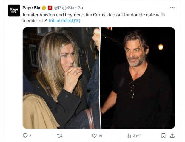 Tras confirmar la relación, Jennifer Aniston dio rienda suelta al amor junto a Jim Curtis / Captura x.com/PageSix